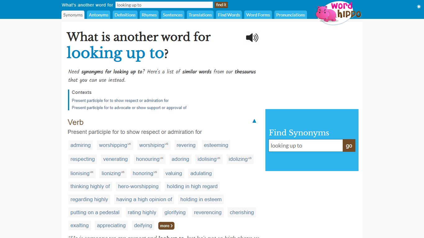 What is another word for looking up to - wordhippo.com